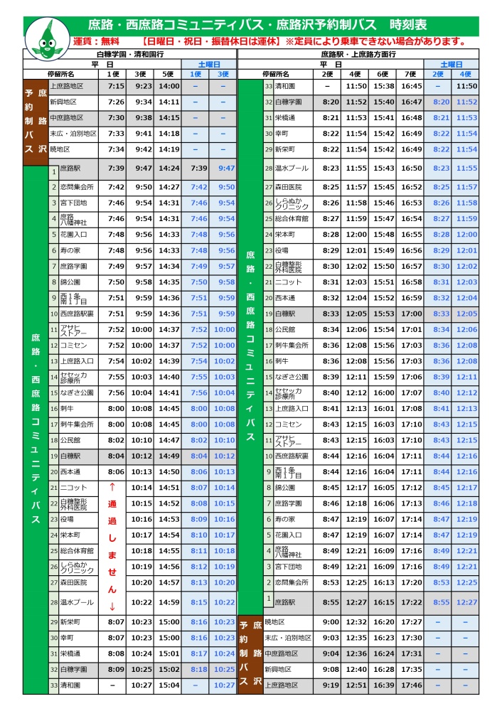 庶路・西庶路コミュニティバス、庶路沢予約制バス時刻表